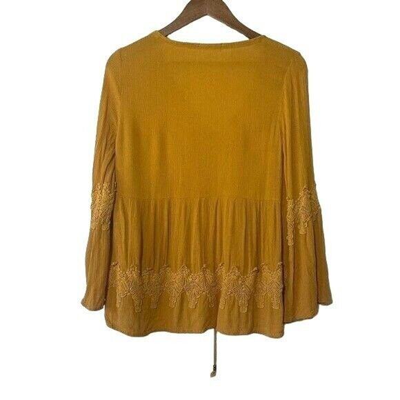 Taylor & Sage Womens Small Mustard Bell Sleeve Tie V-Neck Boho Peasant Blouse - Picture 3 of 10
